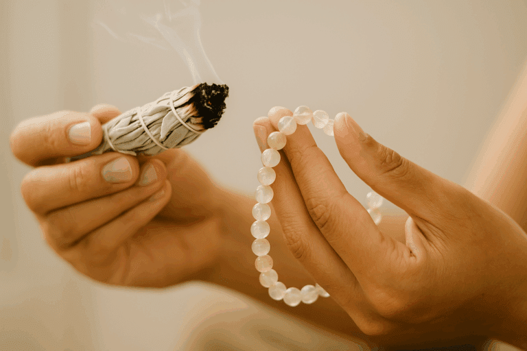 Hands cleansing a crystal bracelet with sage