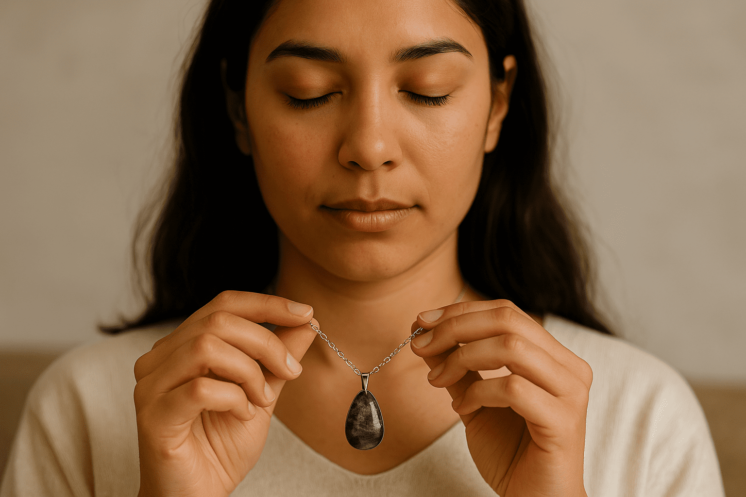 Woman holding healing jewellery - amethyst necklace with eyes closed