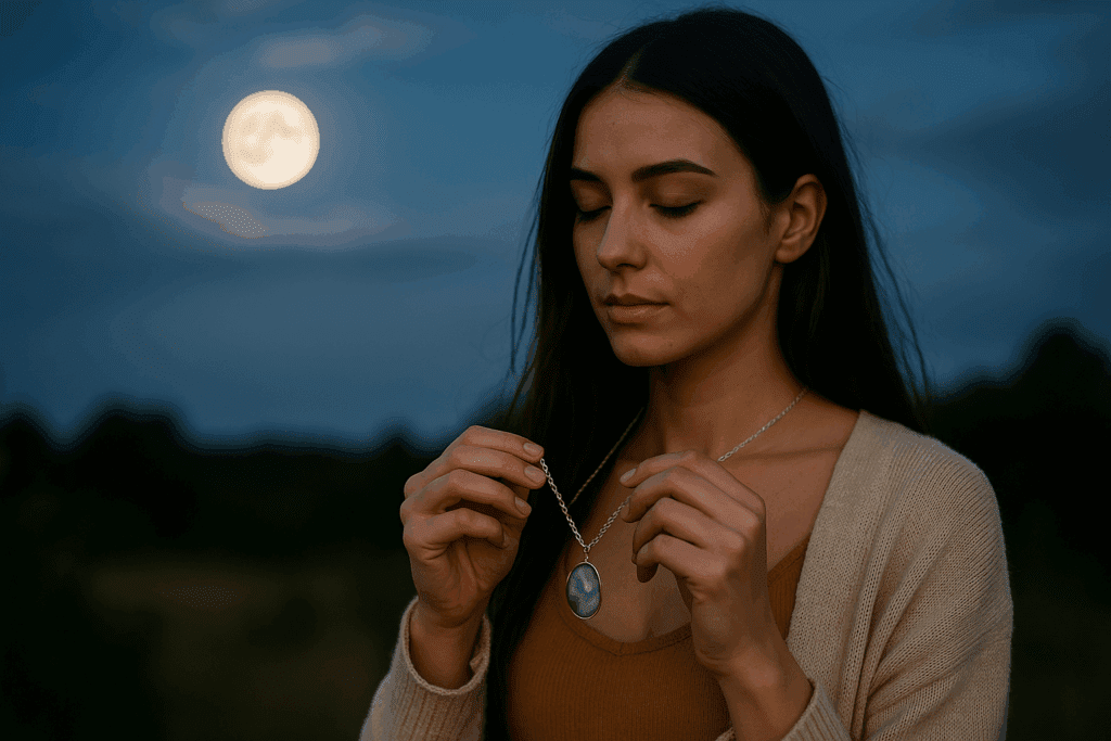 Woman holding crystal jewellery under the full moon