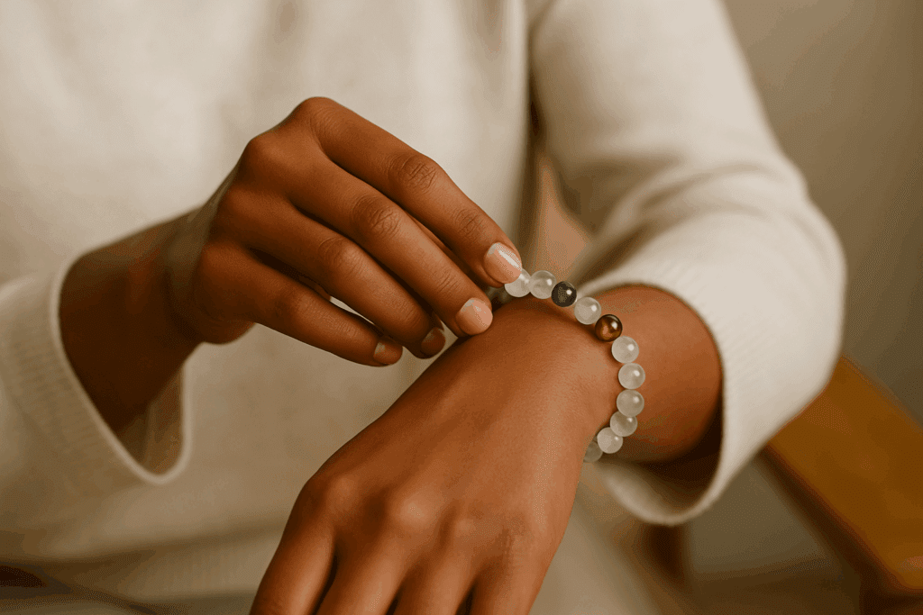 Close-up of hands placing a gemstone bracelet on wrist
