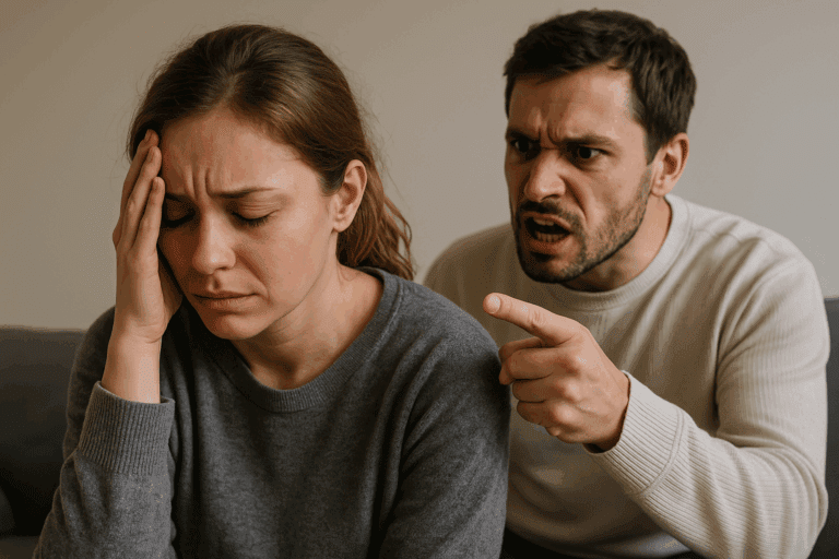 Man shouting at distressed woman during an argument, illustrating narcissistic abuse
