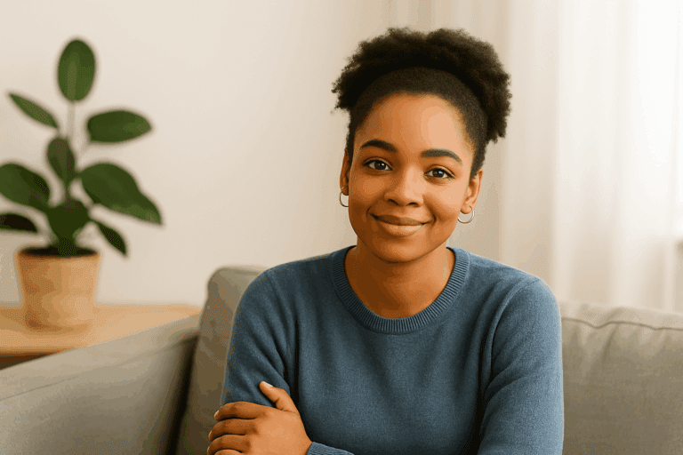 Smiling African American woman seated calmly on a light grey sofa in a softly lit room, symbolising emotional healing and reassurance