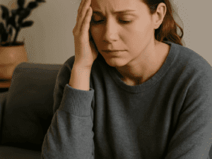 A distressed young woman sitting on a grey sofa, resting her hand against her temple, representing emotional pain and self-reflection. setting boundaries after narcissistic abuse. self-protection after emotional abuse
