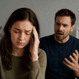 Distressed woman in relationship showing emotional manipulation