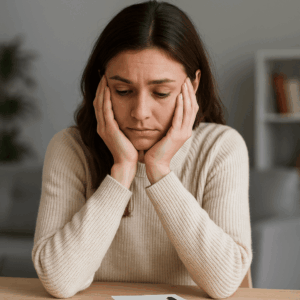 Woman in cream jumper looking down thoughtfully at a notepad
