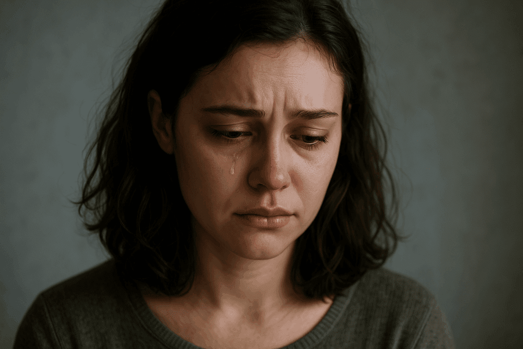 Tearful woman gazing downward in quiet reflection