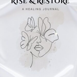 Rise & Restore printable healing journal front cover – line art face with butterflies on white satin background.