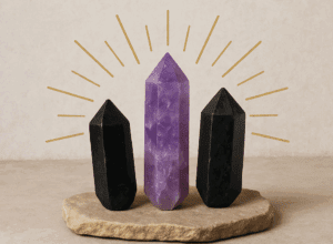 Healing crystals for protection with black tourmaline and amethyst on a natural base