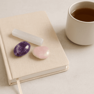 Healing crystals with journal and tea for daily practice