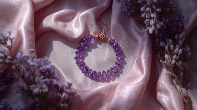 Cleansed amethyst bracelet glowing on soft fabric
