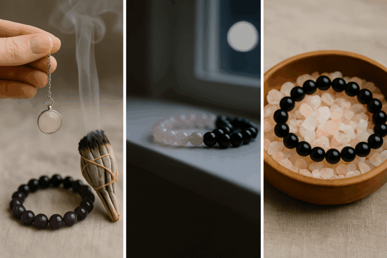 Collage showing healing jewellery cleansing methods with palo santo smoke, moonlight on a windowsill, and a bracelet in Himalayan salt