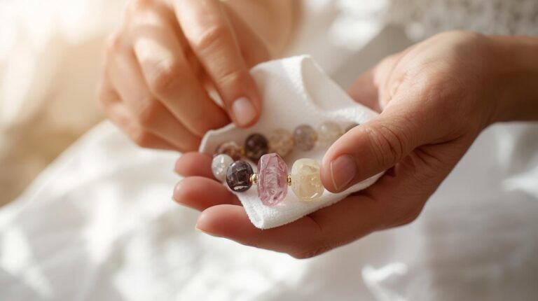 Hands gently cleaning gemstone bracelet with a soft cloth