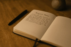 Open journal with handwritten progress notes resting on a wooden table near soft light
