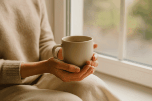Hands holding a warm mug by a window in soft natural light, symbolising calm and reflection