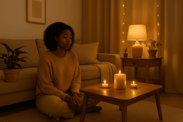 cosy living room with soft lights – setting boundaries and protecting your peace