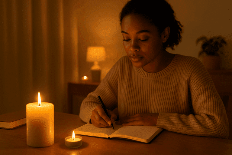 journaling by candle light – setting boundaries and protecting your peace