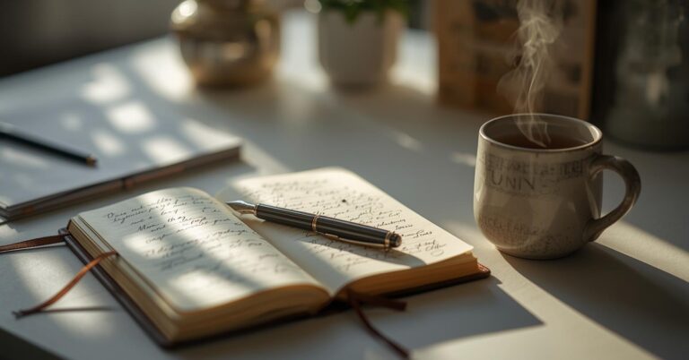 Workspace with an open journal, pen, and cup of tea representing healing and reflection. healing blog by Serena Bennett