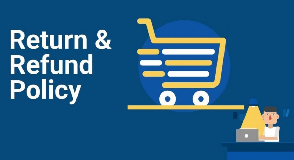 Illustration of a yellow shopping cart representing the return and refund policy
