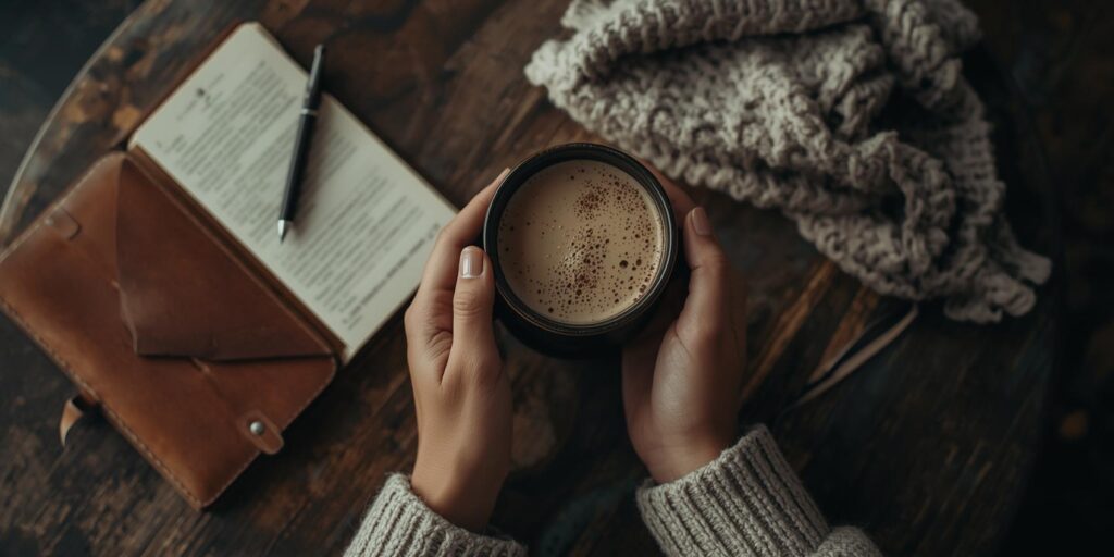 Hands holding warm drink beside journal.