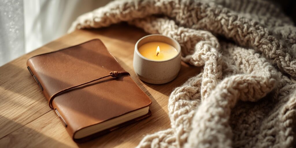 Journal and candle arranged in a quiet winter corner.