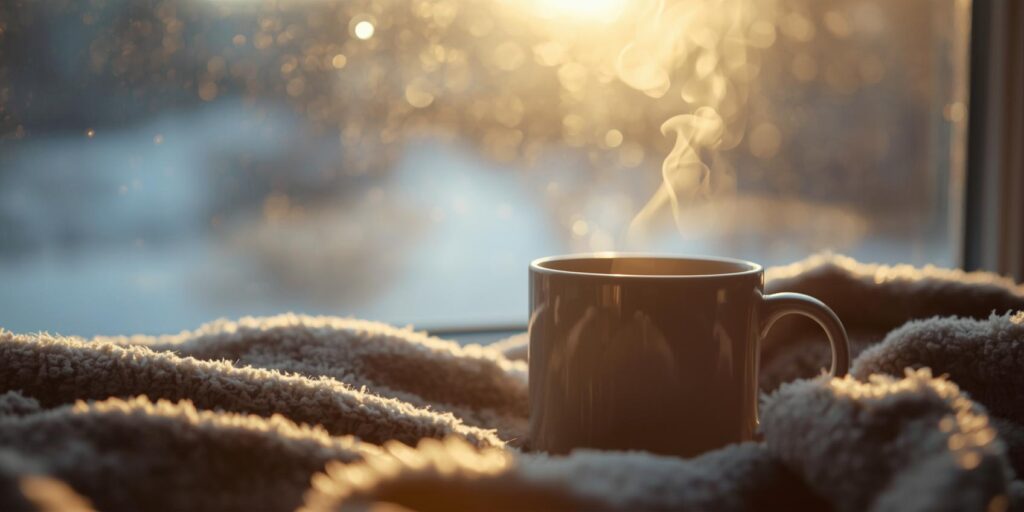 Warm drink in winter light.