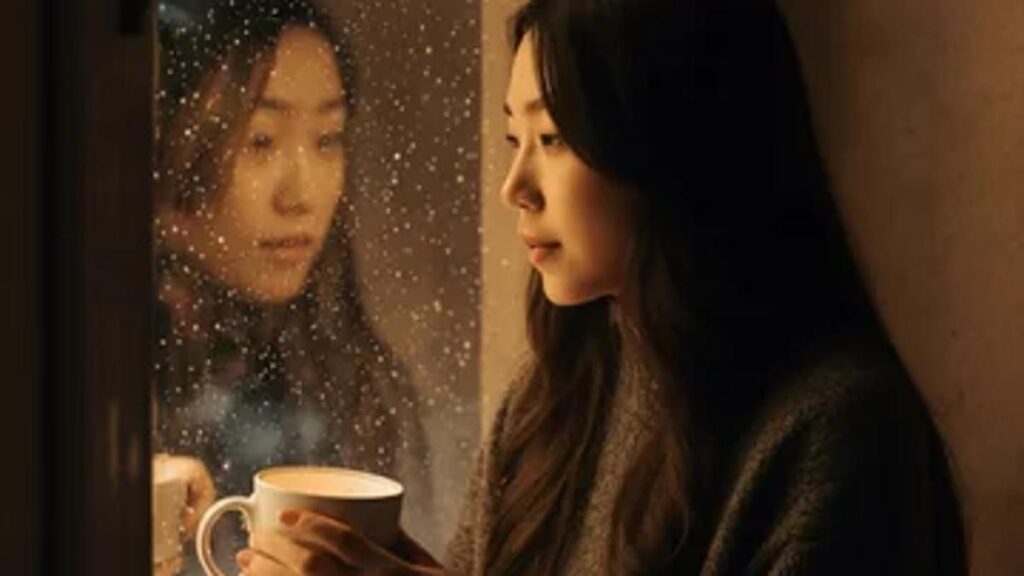 An Asian woman looking out a softly lit window while engaging in emotional reflection.