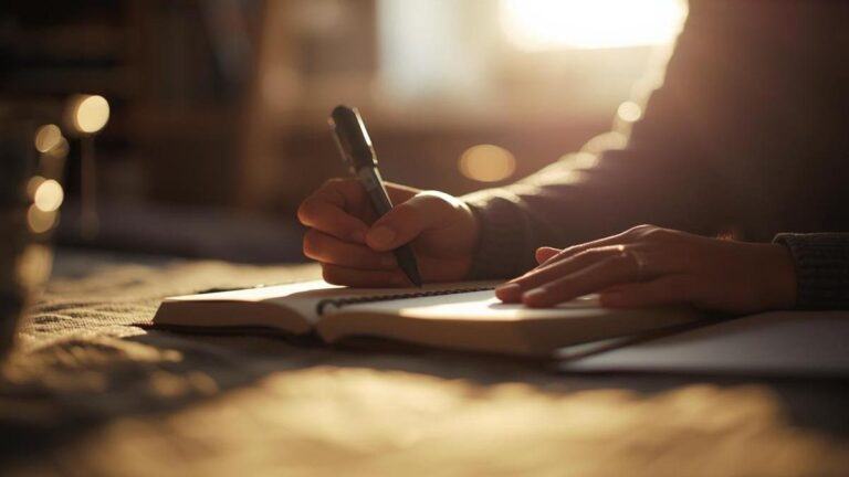 Person journaling in warm morning light as part of a reflective wellbeing routine.