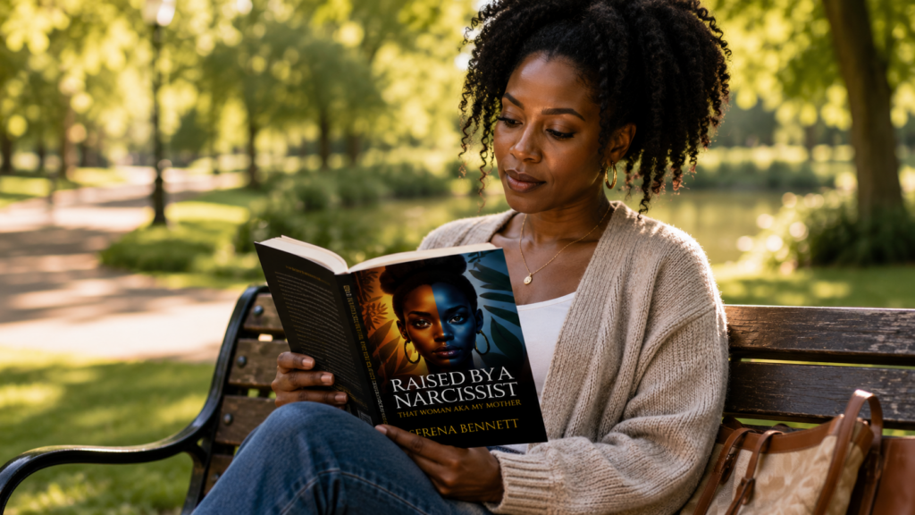 Reader reflecting on Raised By a Narcissist while reading in a peaceful park
