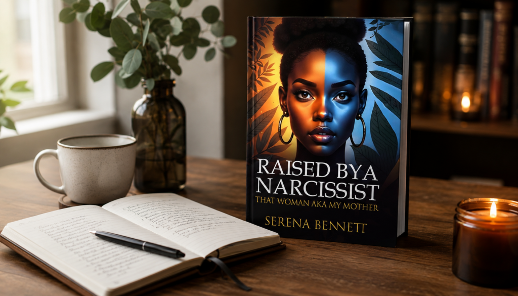 Raised By a Narcissist memoir by Serena Bennett displayed on a desk with journal and candle